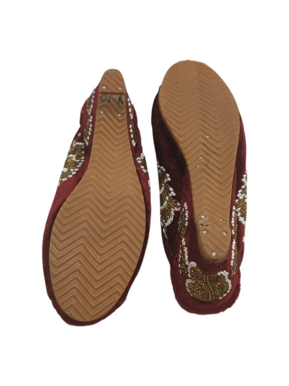 Retro/Vintage 70s Maroon Velvet Butterfly Beaded Gold White Wedge Slippers US 5